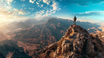 Adventurer Standing on Mountain Peak Overlooking a Dramatic Sunset
