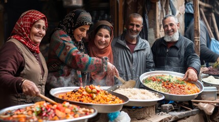 Group of joyful Middle Eastern people cooking and sharing a meal together
