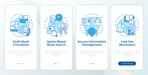 RFID book management blue onboarding mobile app screen. Walkthrough 4 steps editable graphic instructions with linear concepts. UI, UX, GUI template. Montserrat Semibold, Regular fonts used - obrazy, fototapety, plakaty