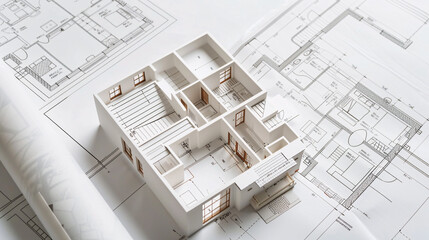 Modern 3d house growing out of detailed blueprint, floor plan 