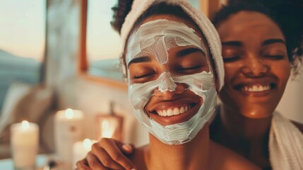  Joyful Friends Sharing a Relaxing Spa Day with Facial Masks - obrazy, fototapety, plakaty