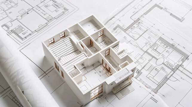 Modern 3d house growing out of detailed blueprint, floor plan 