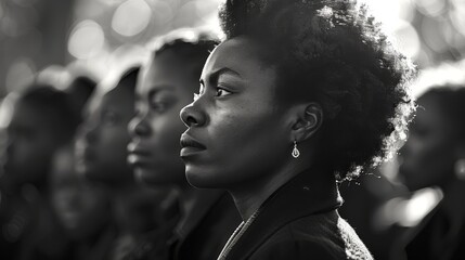 African American woman looking forward in a crowd with a serene expression

