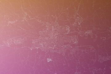 Map of the streets of Cork (Ireland) made with white lines on pinkish red gradient background. Top view. 3d render, illustration - obrazy, fototapety, plakaty