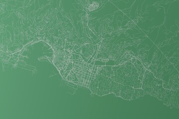 Stylized map of the streets of Genoa (Italy) made with white lines on green background. Top view. 3d render, illustration - obrazy, fototapety, plakaty