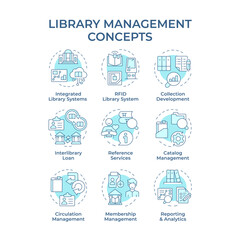 Library management soft blue concept icons. RFID technology, book circulation. Customer service. Icon pack. Vector images. Round shape illustrations for article, blog post. Abstract idea