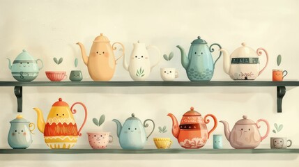 Tea enthusiasts collection, illustrated as an adorable array of smiling teapots and cups on whimsical shelves - obrazy, fototapety, plakaty