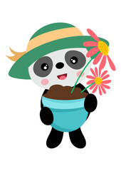 Cute panda holding a vase with flowers