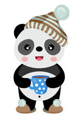 Cute panda waking up drinking cup of coffee