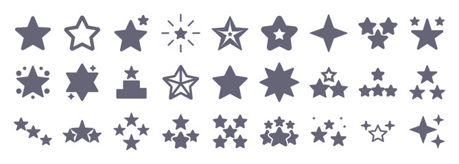 Star glyph flat icons. Vector solid pictogram set included icon as sparcle, rating, best shine, christmas glow silhouette illustration for infographic.