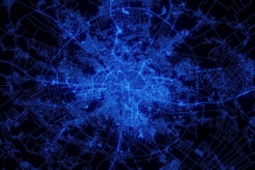 Street map of Bucharest (Romania) made with blue illumination and glow effect. Top view on roads network - obrazy, fototapety, plakaty