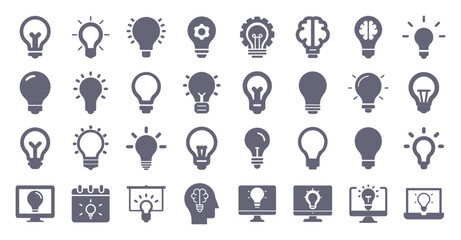 Light bulb creative idea glyph flat icons. Vector solid pictogram set included icon as brain lamp, solution, inspiration silhouette illustration for infographic.