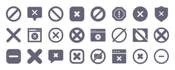 Close X glyph flat icons. Vector solid pictogram set included icon as no cross, dont, forbidden, illegal, delete, denial, error silhouette illustration for infographic.