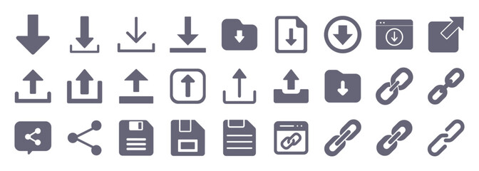 Download file glyph flat icons. Vector solid pictogram set included icon as upload document, share link, save button, chain silhouette illustration for infographic.