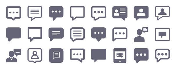 Chat speech bubble glyph flat icons. Vector solid pictogram set included icon as dialog box, text message, interview, communication, feedback comment silhouette illustration for infographic.