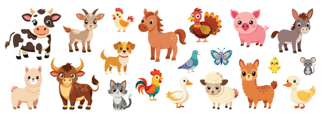 Fototapeta premium Farm animals flat illustration in style of cartoon. Cute cow, goat, chicken, cat and dog, llama, domestic turkey, pig, horse, sheep vector clipart for children book.