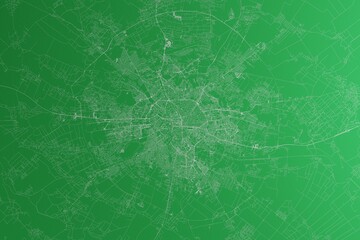 Map of the streets of Bucharest (Romania) made with white lines on green paper. Rough background. 3d render, illustration - obrazy, fototapety, plakaty