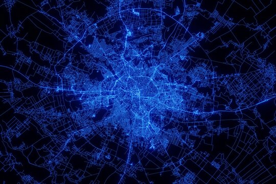 Street map of Bucharest (Romania) made with blue illumination and glow effect. Top view on roads network