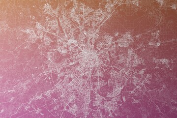 Map of the streets of Moscow (Russia) made with white lines on pinkish red gradient background. Top view. 3d render, illustration - obrazy, fototapety, plakaty
