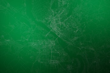 Map of the streets of Novosibirsk (Russia) made with white lines on abstract green background lit by two lights. Top view. 3d render, illustration - obrazy, fototapety, plakaty