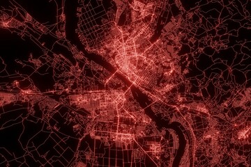 Street map of Novosibirsk (Russia) made with red illumination and glow effect. Top view on roads network. 3d render, illustration