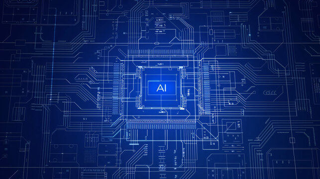 overhead view of a modern, detailed, realistic AI processor architecture blueprint