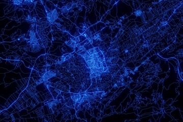 Street map of Murcia (Spain) made with blue illumination and glow effect. Top view on roads network - obrazy, fototapety, plakaty