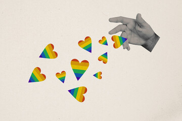 Creative modern abstract сollage hand holding hearts flying lgbt flag support homosexual gay lesbian bisexual transgender unity - obrazy, fototapety, plakaty
