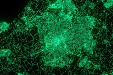 Map of the streets of Bristol (UK) made with green illumination and glow effect. Top view on roads network. 3d render, illustration - obrazy, fototapety, plakaty