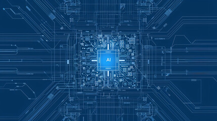 overhead view of a modern, detailed, realistic AI processor architecture blueprint - obrazy, fototapety, plakaty