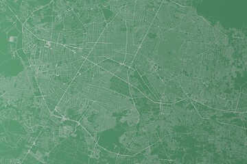 Stylized map of the streets of Guadalajara (Mexico) made with white lines on green background. Top view. 3d render, illustration