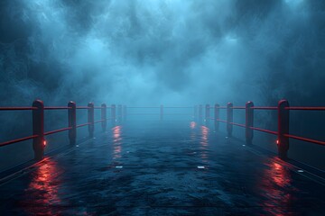 Foggy Night With Red Railings and Lights - obrazy, fototapety, plakaty