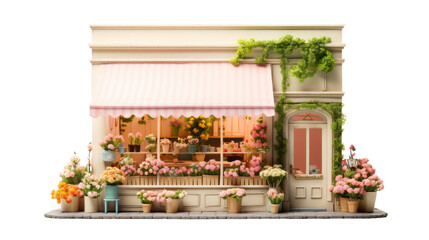 A miniature doll house featuring a charming flower shop in the front yard