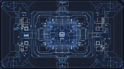 overhead view of a modern, detailed, realistic AI processor architecture blueprint