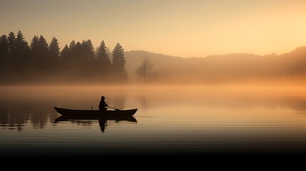 a person in a canoe on a lake - obrazy, fototapety, plakaty