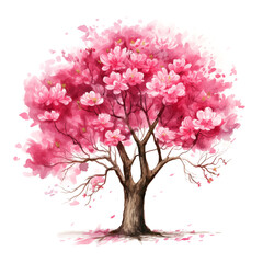 Pink spring blossom, single blooming tree isolated on white, cherry blossom floral card, generated by AI