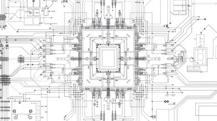overhead view of a modern, detailed, realistic multi core processor architecture blueprint
