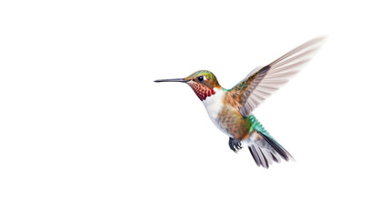 A hummingbird gracefully flies through the air with its wings spread wide, showcasing its beauty and agility