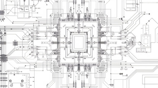 overhead view of a modern, detailed, realistic multi core processor architecture blueprint