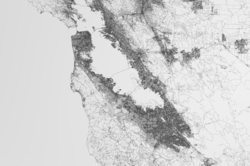Map of the streets of Bay Area (California, USA) on white background. 3d render, illustration