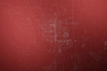 Map of the streets of Fort Collins (Colorado, USA) made with white lines on abstract red background lit by two lights. Top view. 3d render, illustration