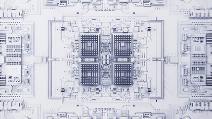 overhead view of a modern, detailed, realistic multi core processor architecture blueprint