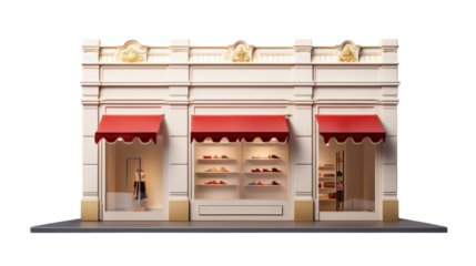Detailed scale model of a elegant store front with a bold red awning