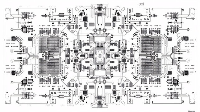 overhead view of a modern, detailed, realistic multi core processor architecture blueprint
