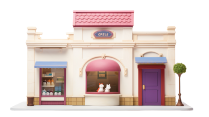 A curious cat with mesmerizing eyes sits in the window of a colorful toy store