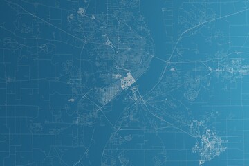Map of the streets of Peoria (Illinois, USA) made with white lines on blue paper. Rough background. 3d render, illustration