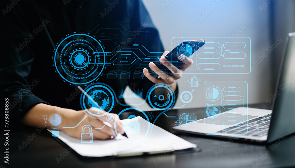 Poster cyber security data protection business working on compute intelligenc digital tablet global network