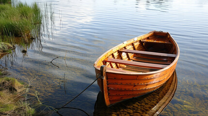 A lone small wooden rowing boat is moored in calm water