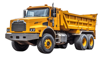 A bright yellow dump truck sits parked on a clean white surface under the clear blue sky
