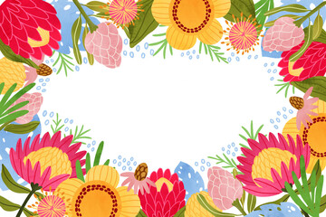 Australian flowers frame. Big bright protea flowers banner, hand drawn tropical plants, leaves border. Cute colorful card, summer decorative template, tropic mood, Hawaii botanical illustration